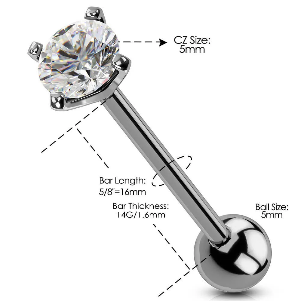 14G Titanium Shiny Clear CZ Barbell Tongue Ring