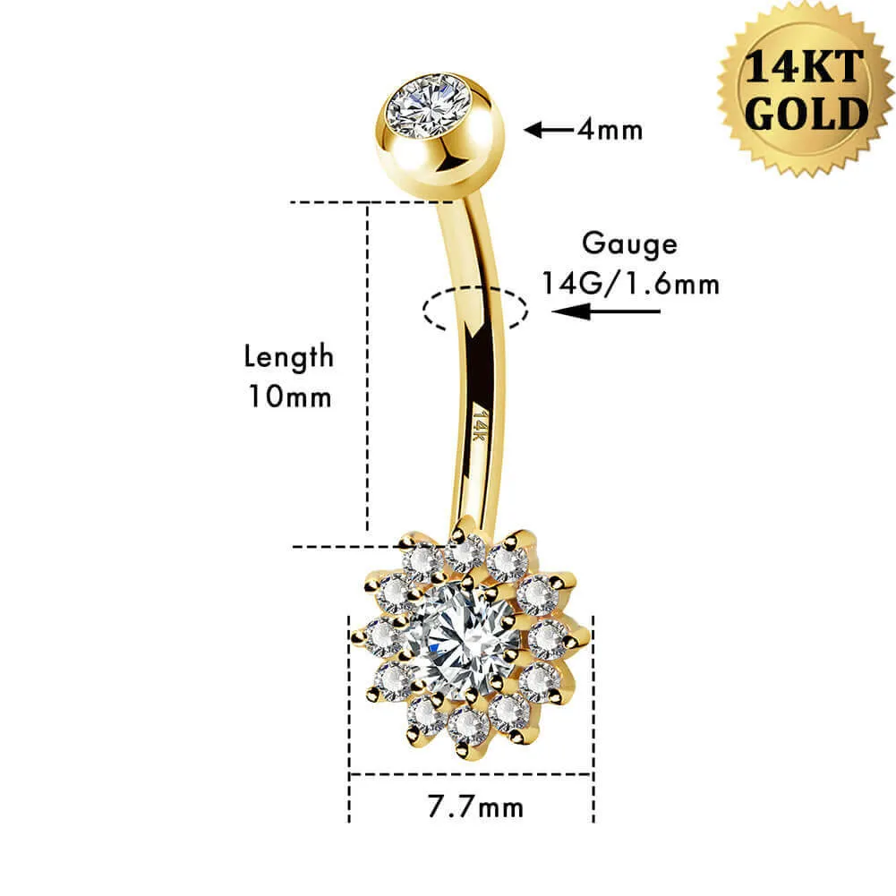 14K Gold CZ Flower Belly Button Ring 14G Sunflower Belly Ring