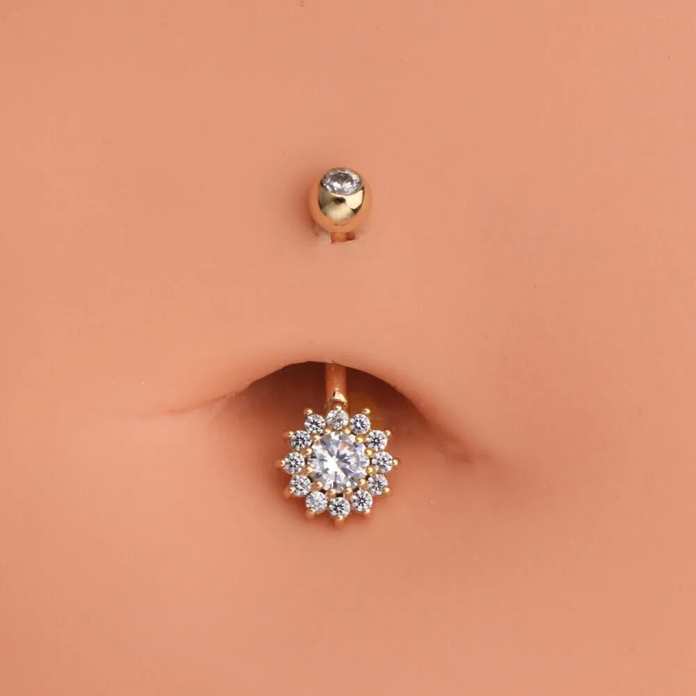 14K Gold CZ Flower Belly Button Ring 14G Sunflower Belly Ring