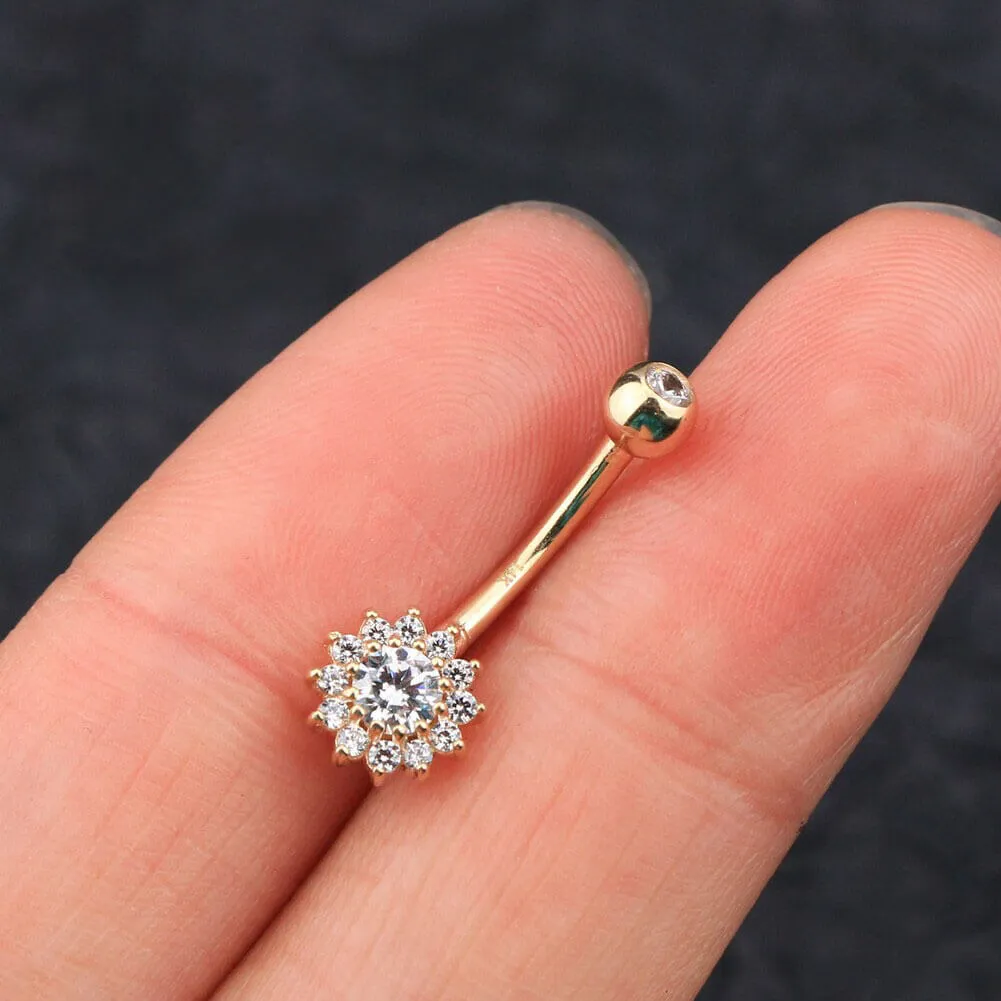 14K Gold CZ Flower Belly Button Ring 14G Sunflower Belly Ring