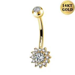 14K Gold CZ Flower Belly Button Ring 14G Sunflower Belly Ring