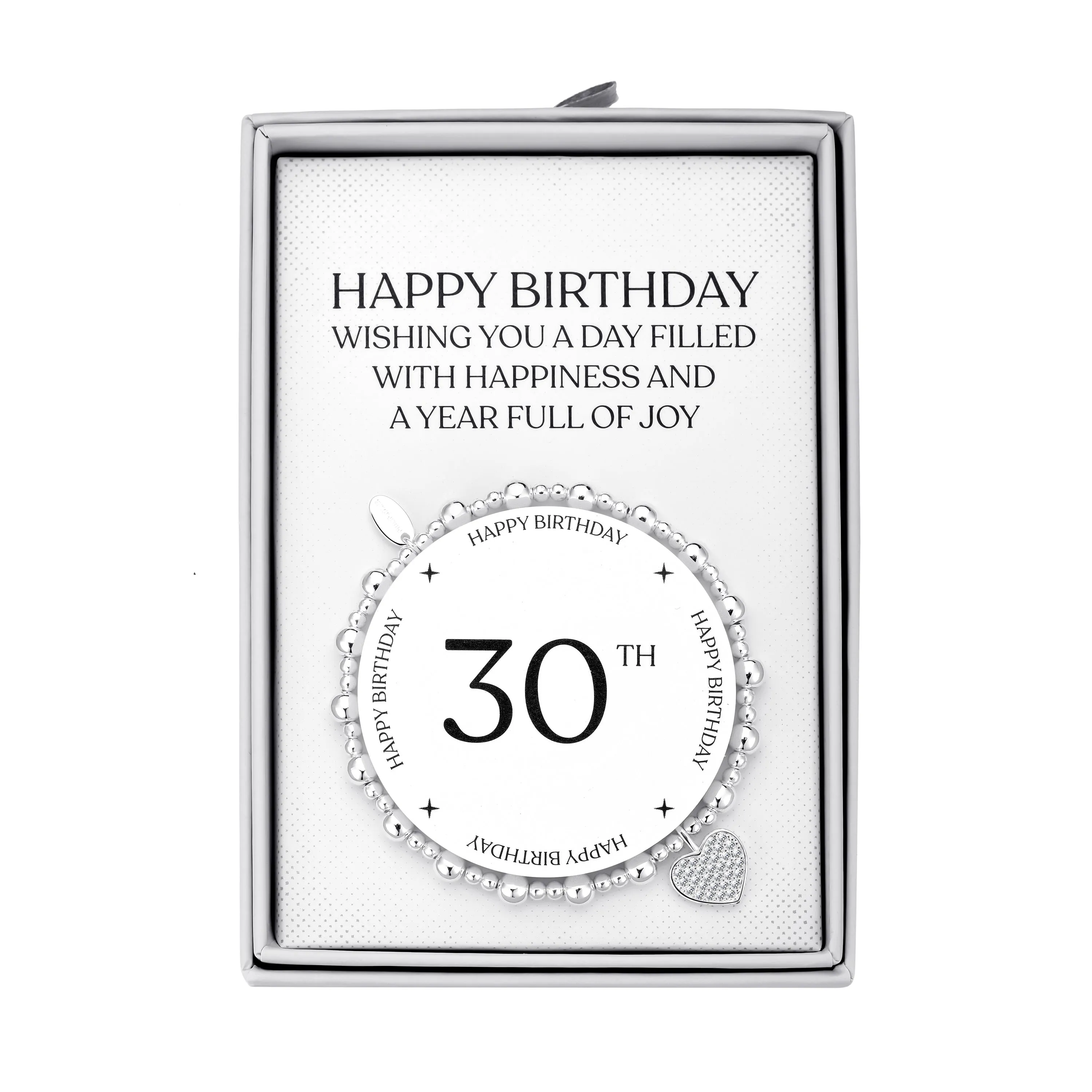 30th Birthday Heart Charm Stretch Bracelet with Quote Gift Box