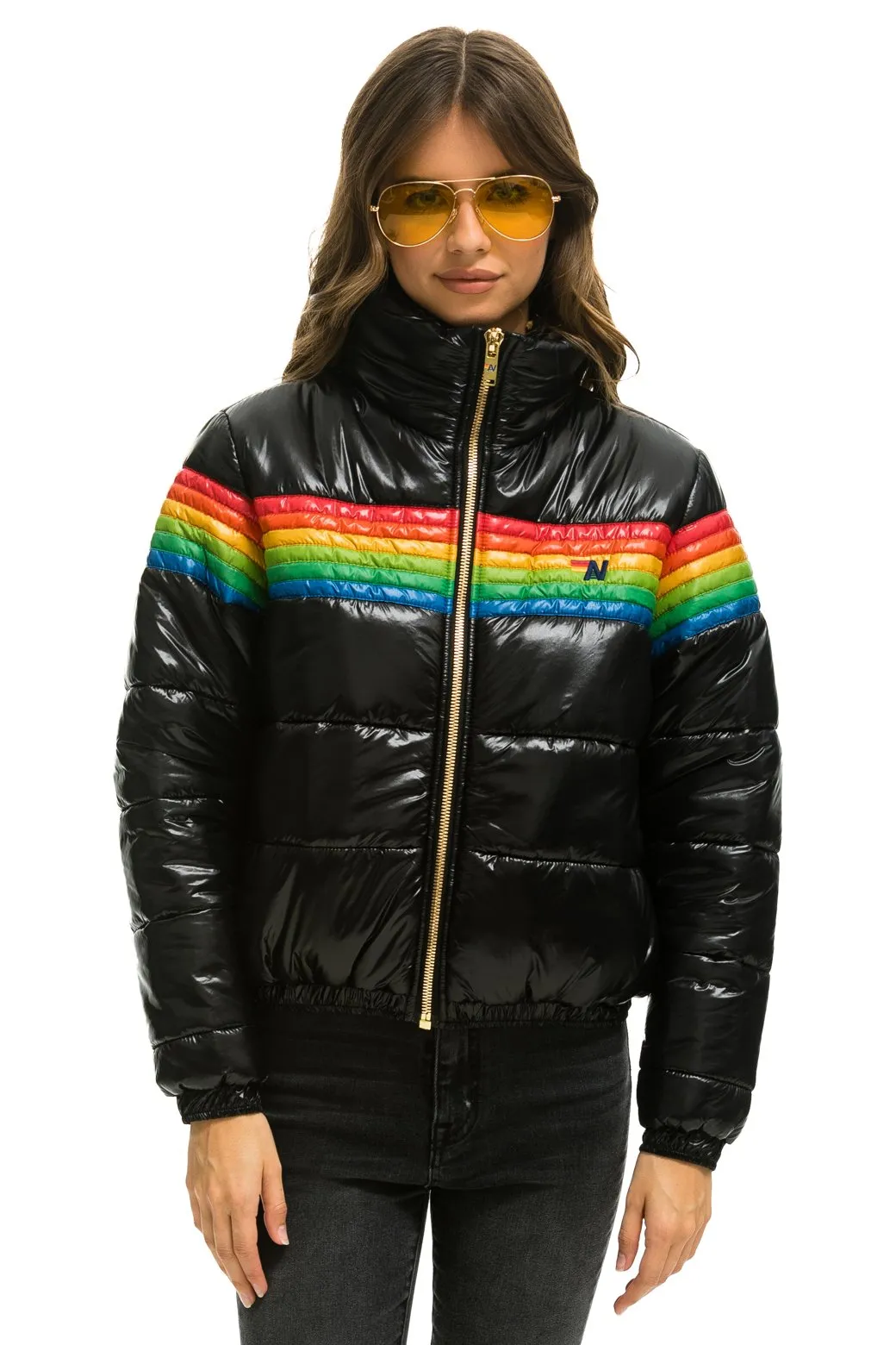 6 STRIPE LUXE APRES PUFFER JACKET - GLOSSY BLACK