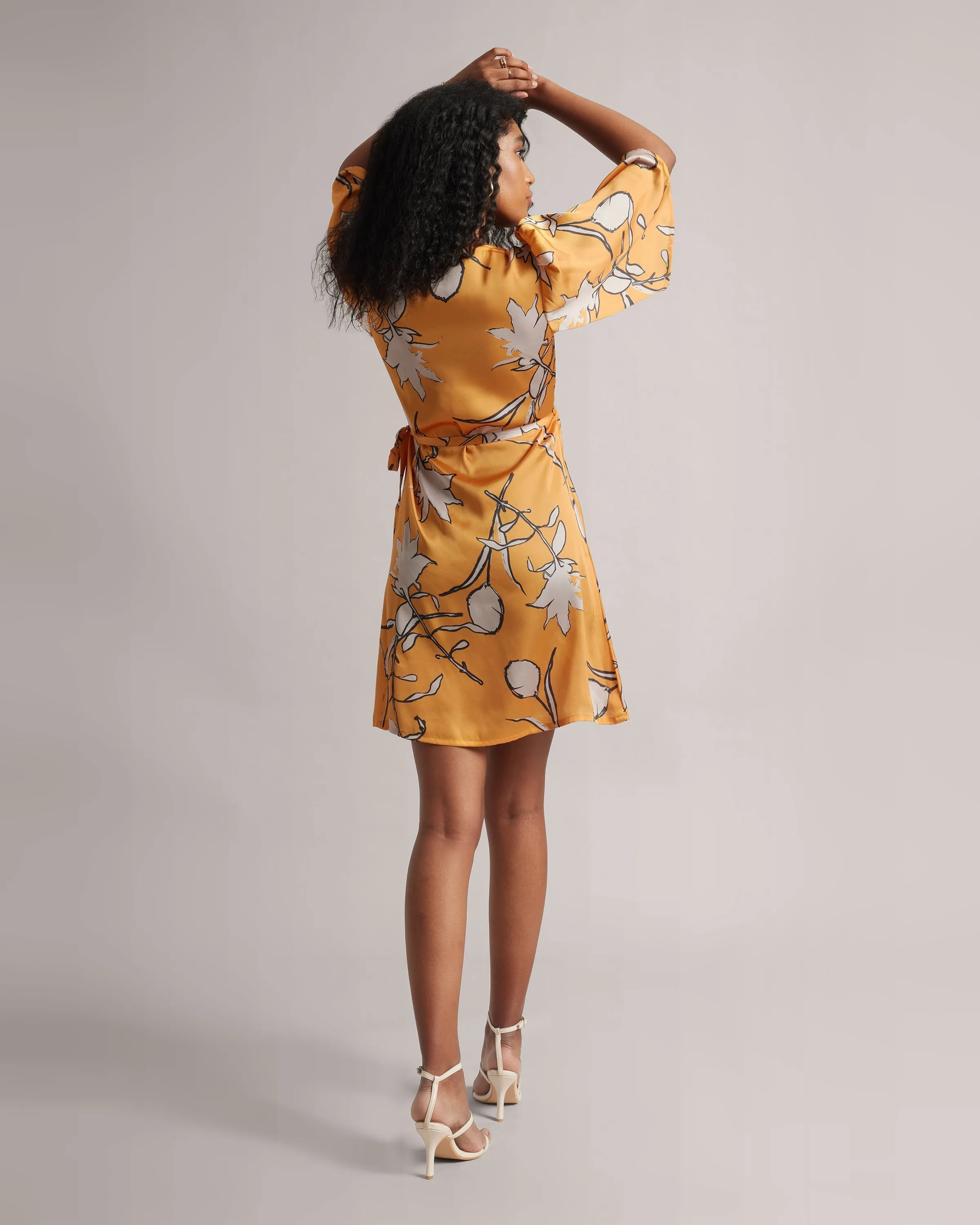 Amber Yellow Abstract Print Wrap Tie-Up Dress