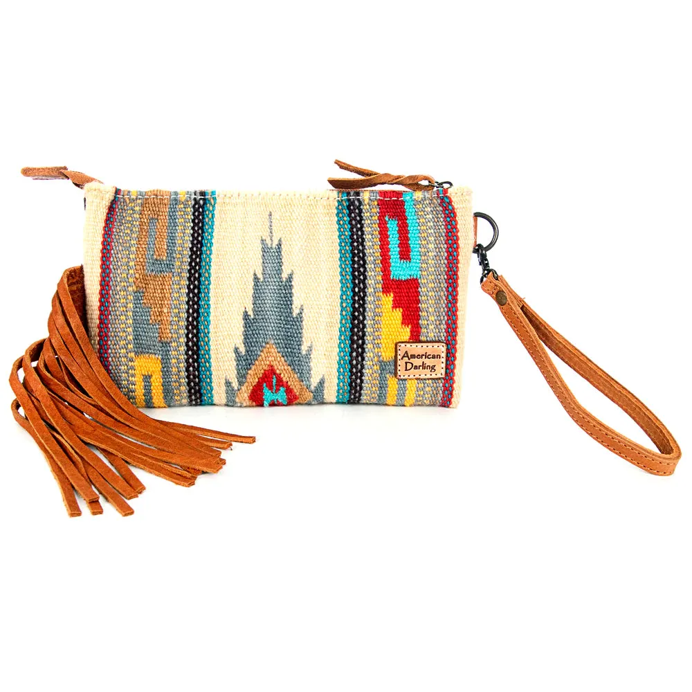 American Darling Saddle Blanket Tooled Leather Wristlet/Crossbody with Fringe