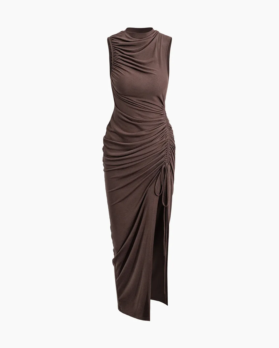 Asymmetric Ruched Drawstring Slit Sleeveless Chocolate Brown Maxi Dress