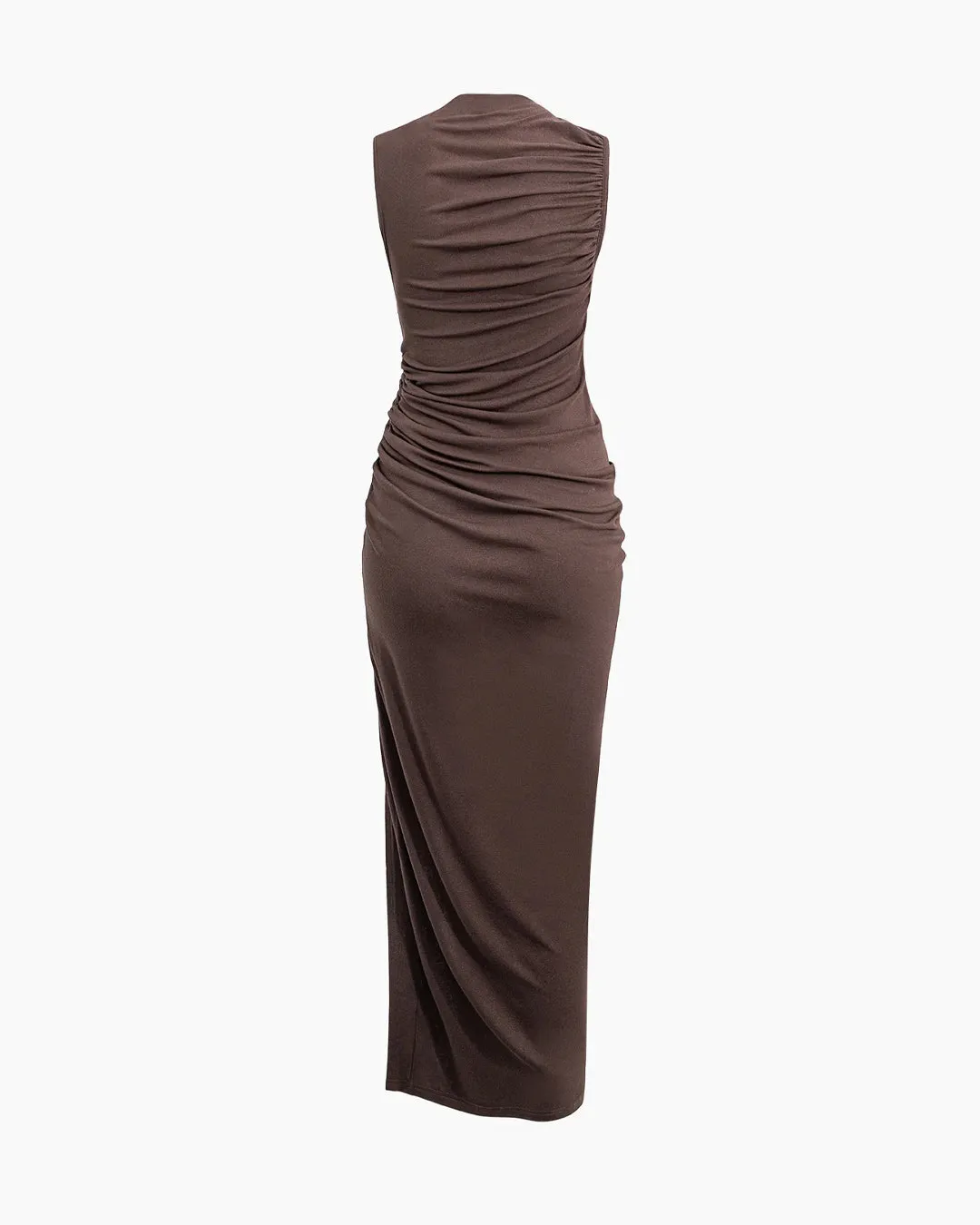 Asymmetric Ruched Drawstring Slit Sleeveless Chocolate Brown Maxi Dress