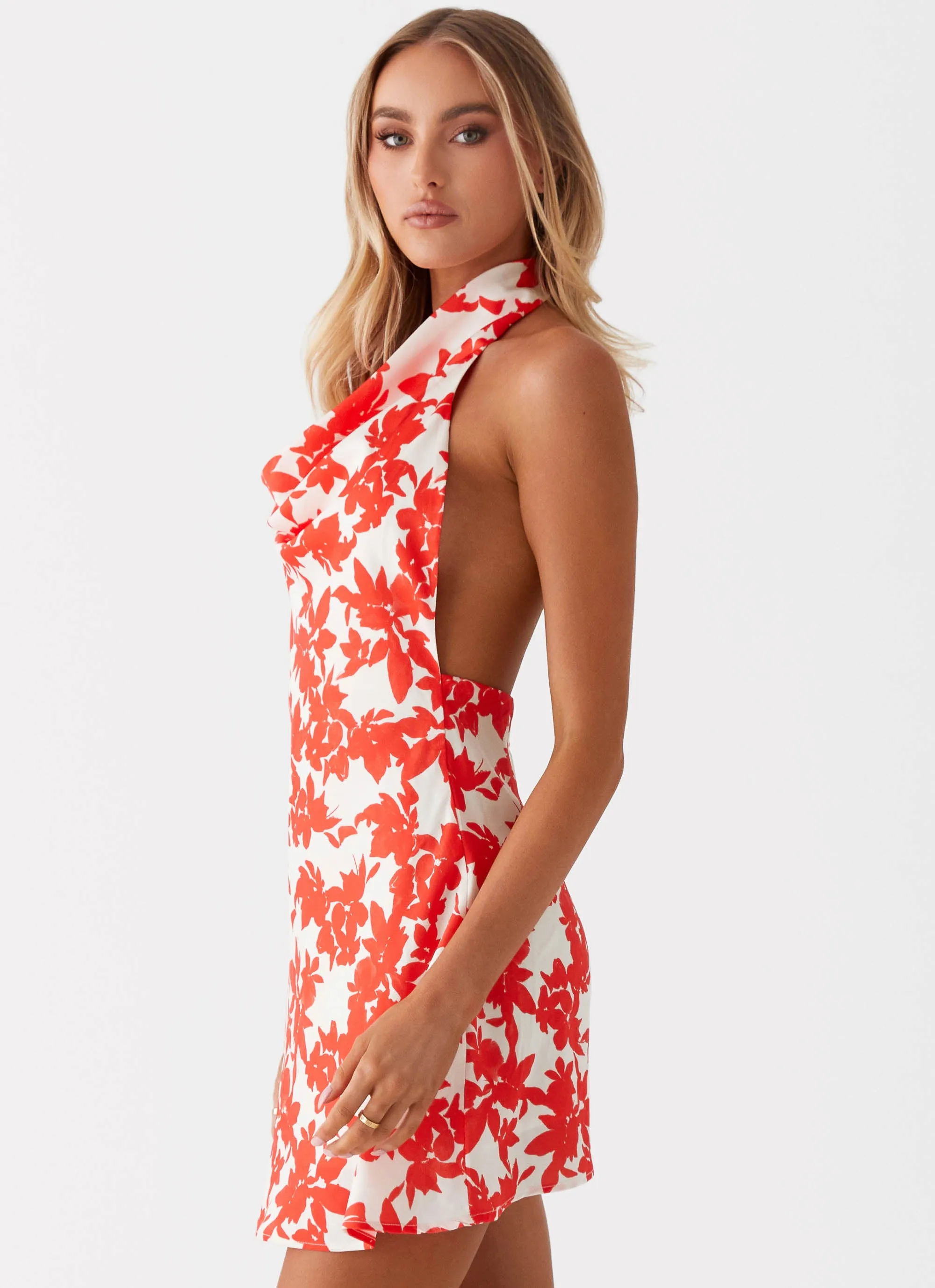 Carmine Bouquet Cowl Neck Mini Dress - Red Floral