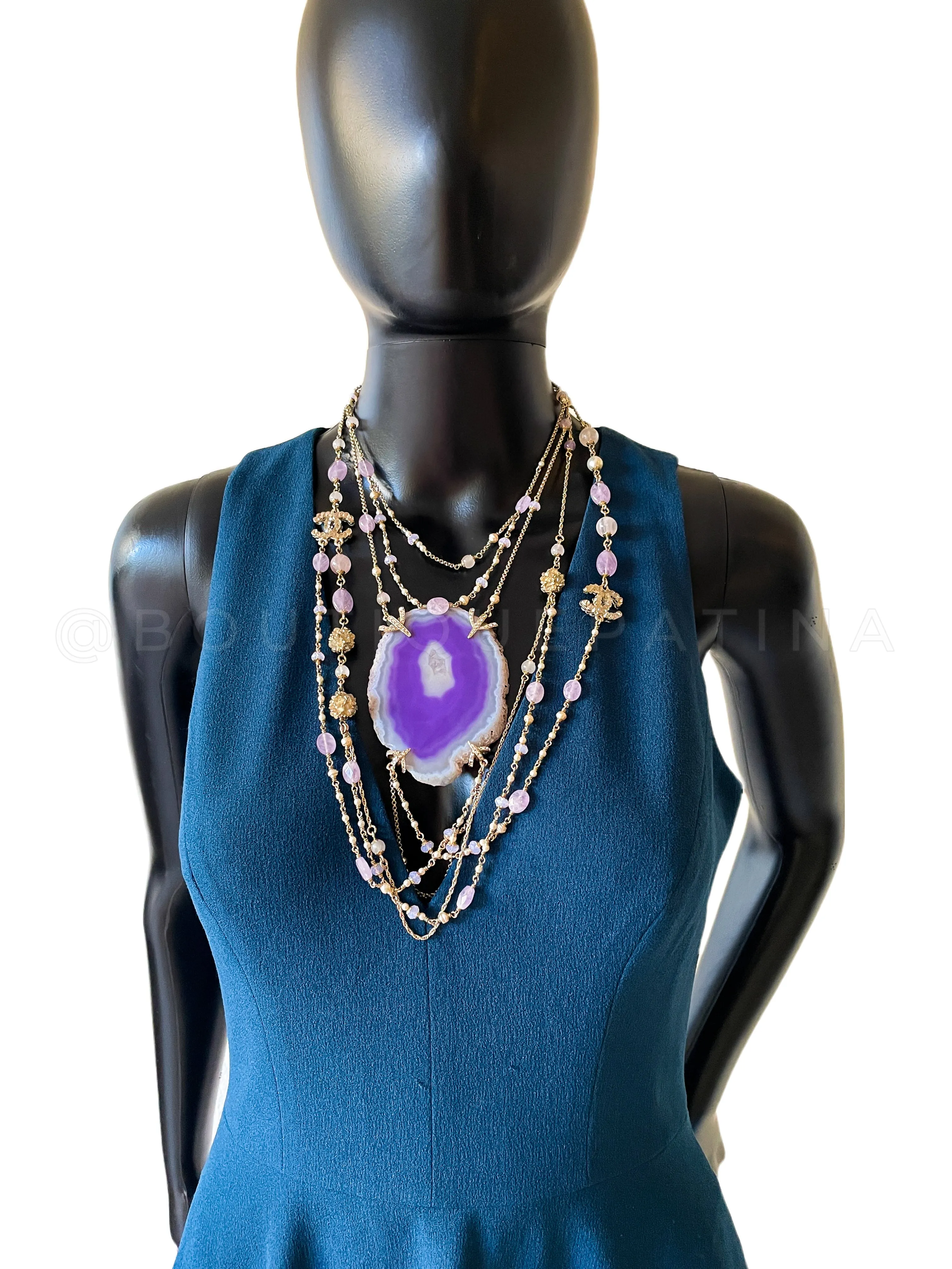 Chanel 12A Violet Purple Agate Stone Crystal Beaded 6 Strand Necklace