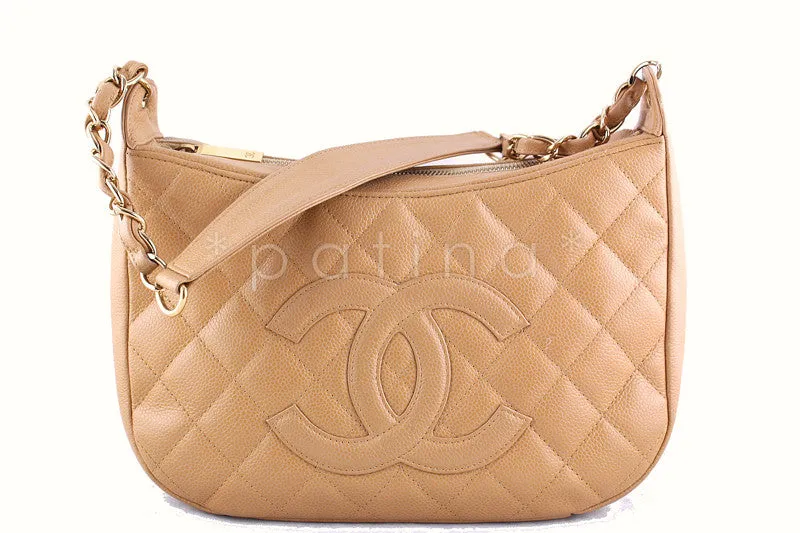 Chanel Beige Caviar Quilted Hobo Shopper Bag