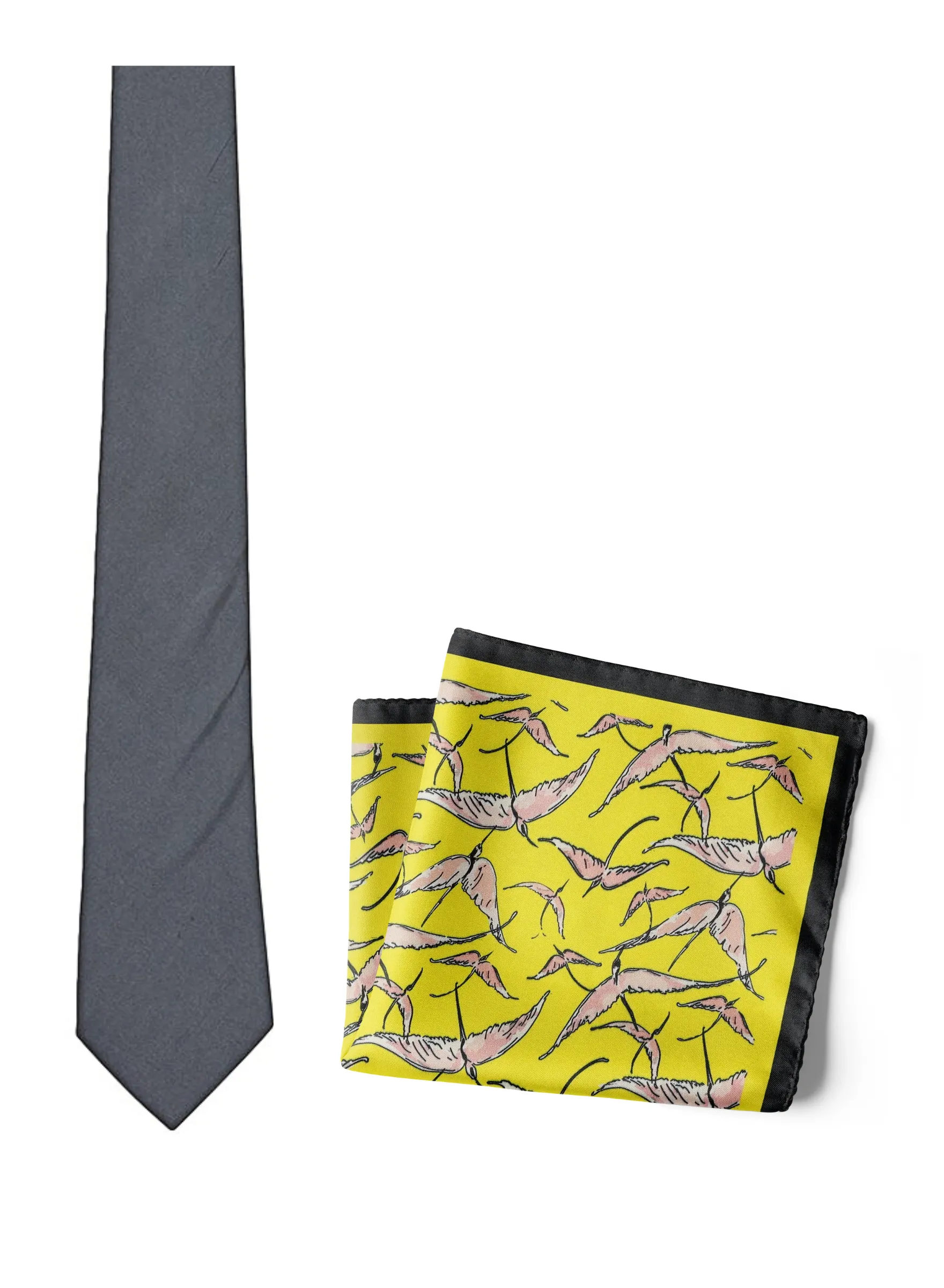 Chokore Birds Of A Feather - Pocket Square & Dark Grey color silk tie for men