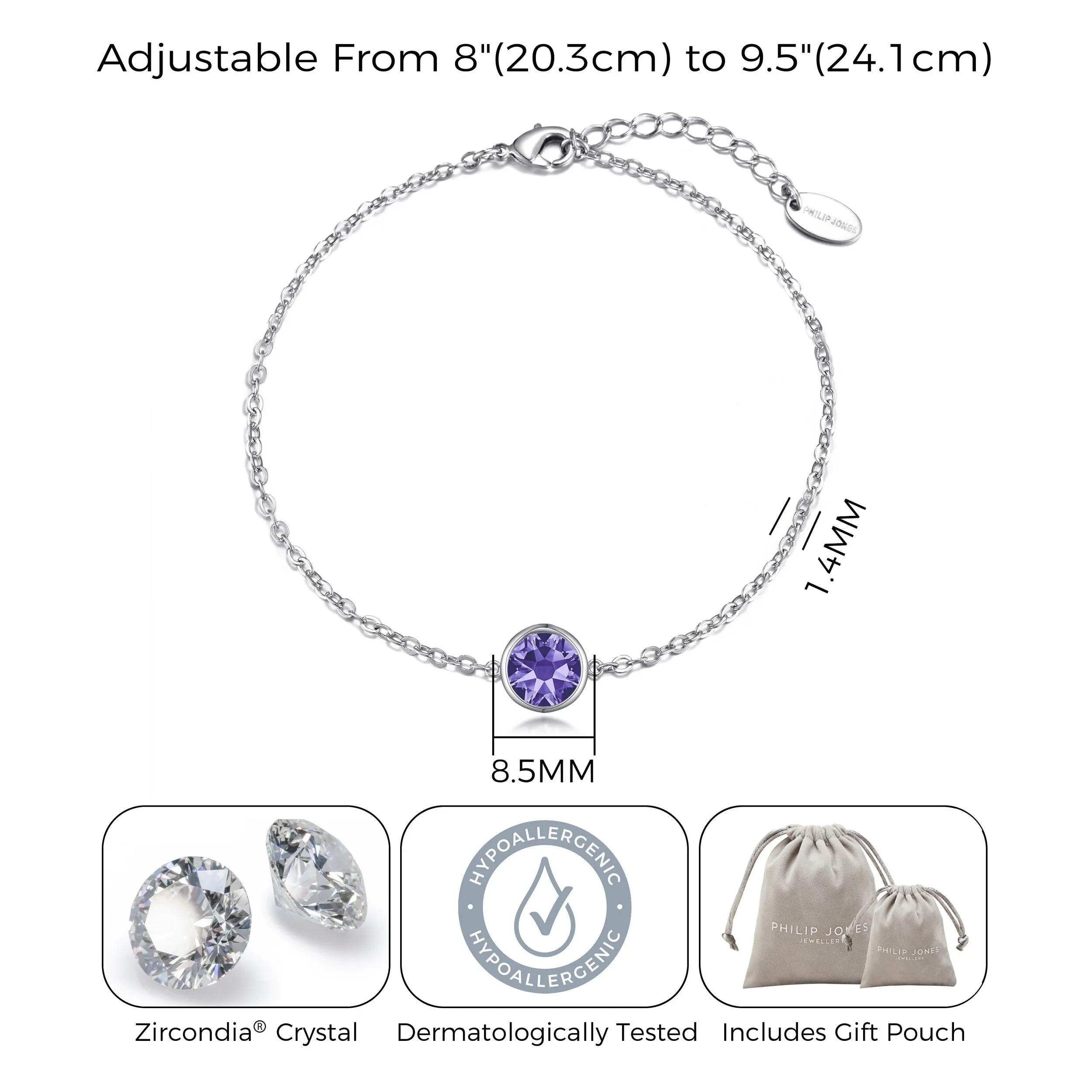 February (Amethyst) Birthstone Anklet Created with Zircondia® Crystals