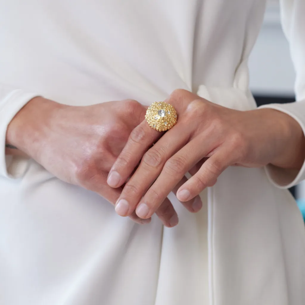 Gold and Crystal Adjustable Sea Urchin Ring