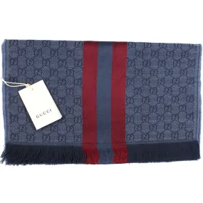 Gucci Scarf Midnight Blue Signature GG Stripe - Wool Silk Jacquard Shawl SALE