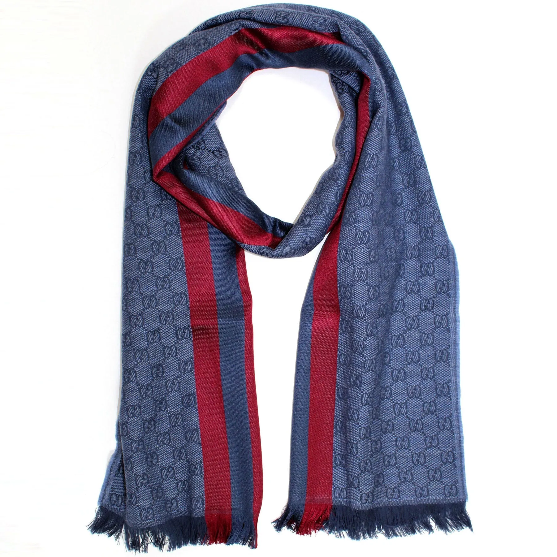 Gucci Scarf Midnight Blue Signature GG Stripe - Wool Silk Jacquard Shawl SALE