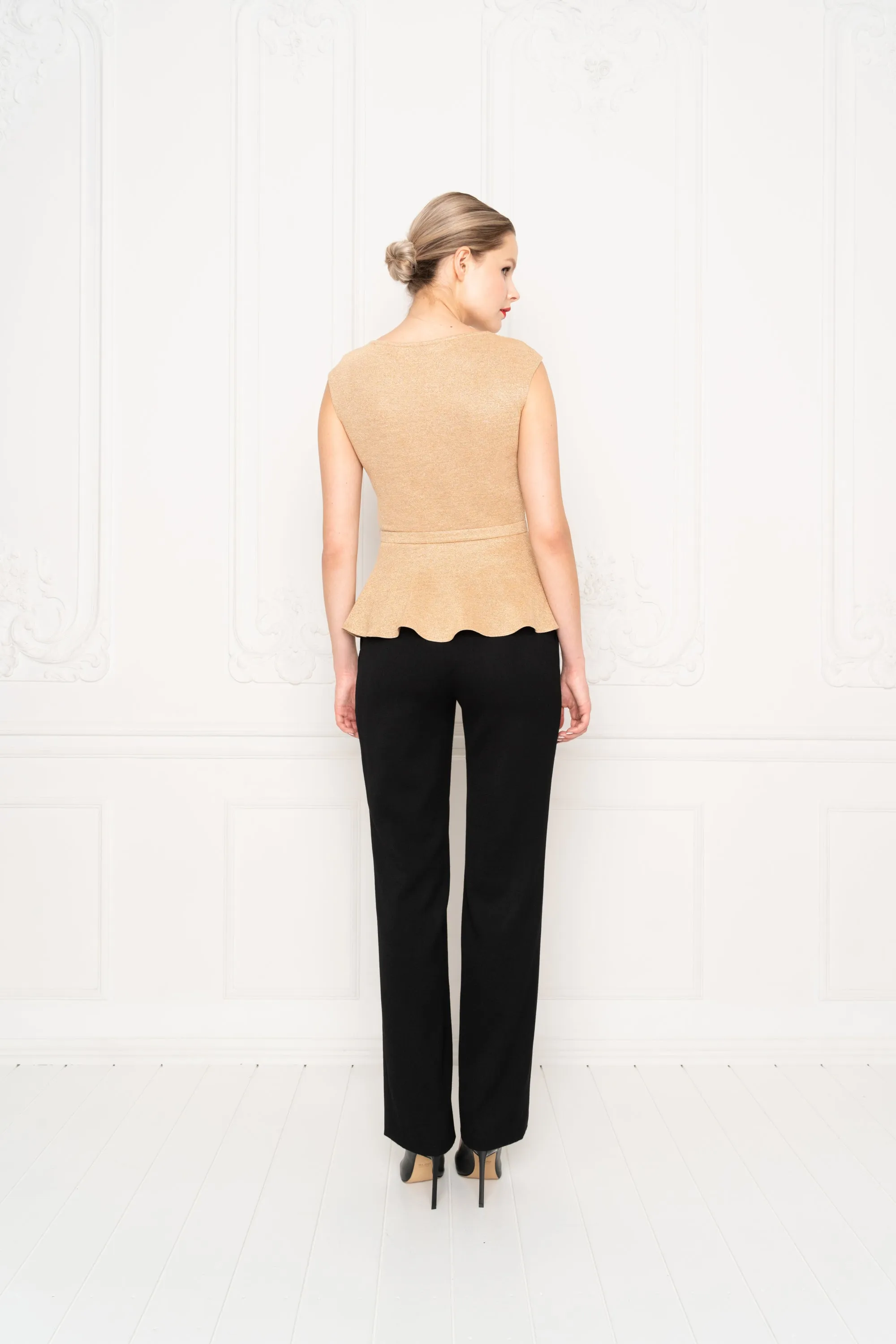 IRIS GOLDEN SLIGHTLY GLITTERING VISCOSE-BLEND PEPLUM TOP WITH A BELT