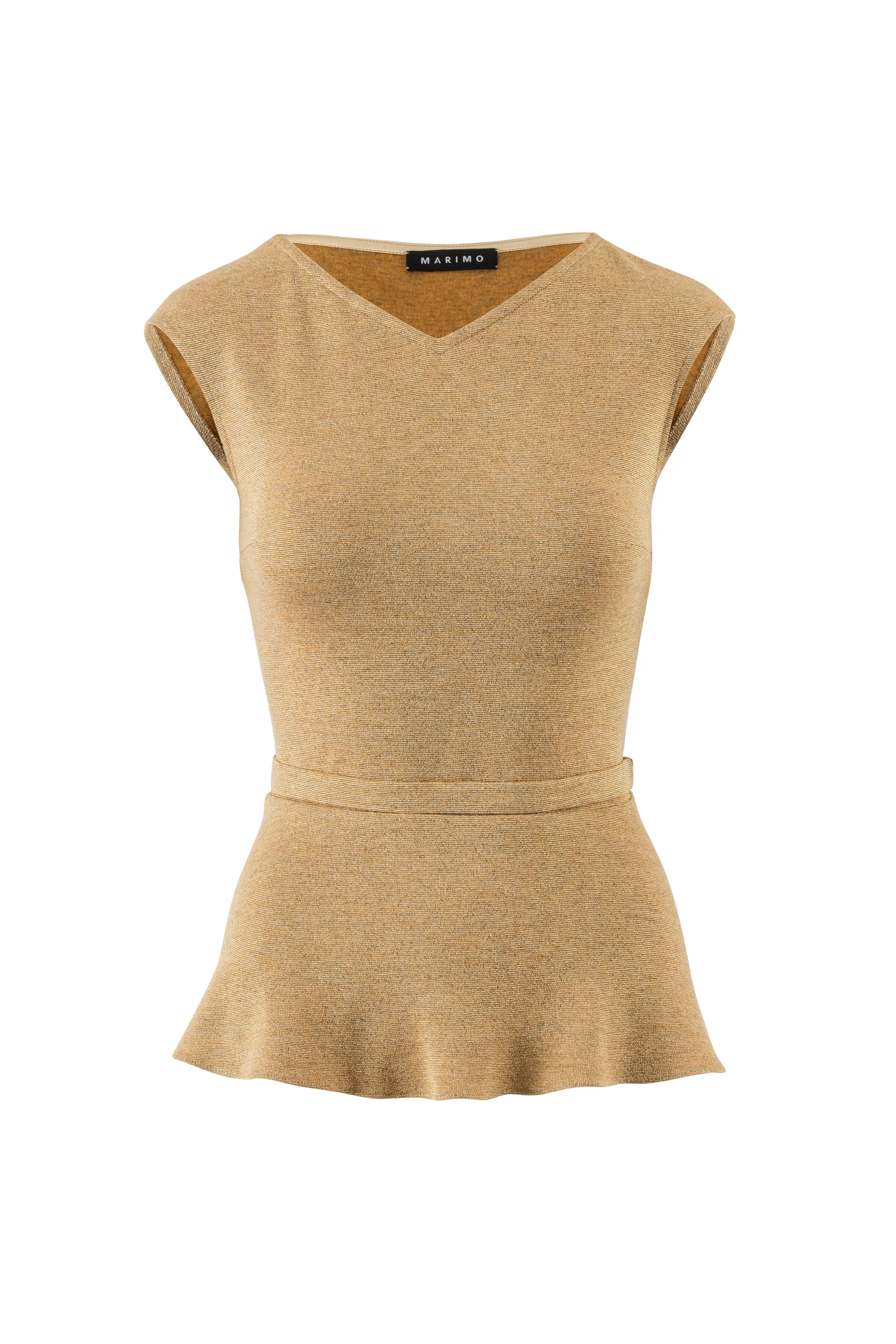 IRIS GOLDEN SLIGHTLY GLITTERING VISCOSE-BLEND PEPLUM TOP WITH A BELT