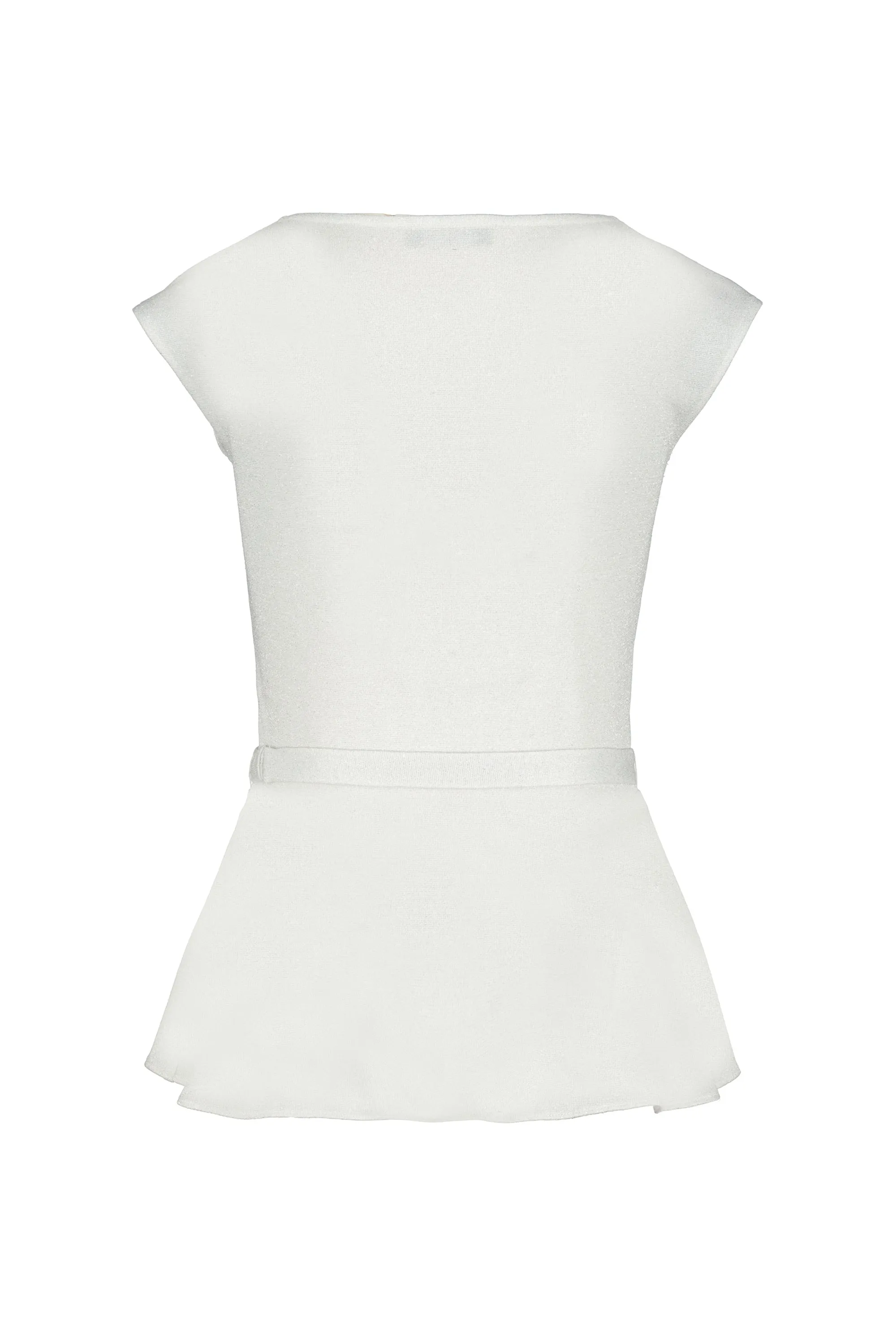 IRIS SILVER WHITE SLIGHTLY GLITTERING VISCOSE-BLEND PEPLUM TOP WITH A BELT