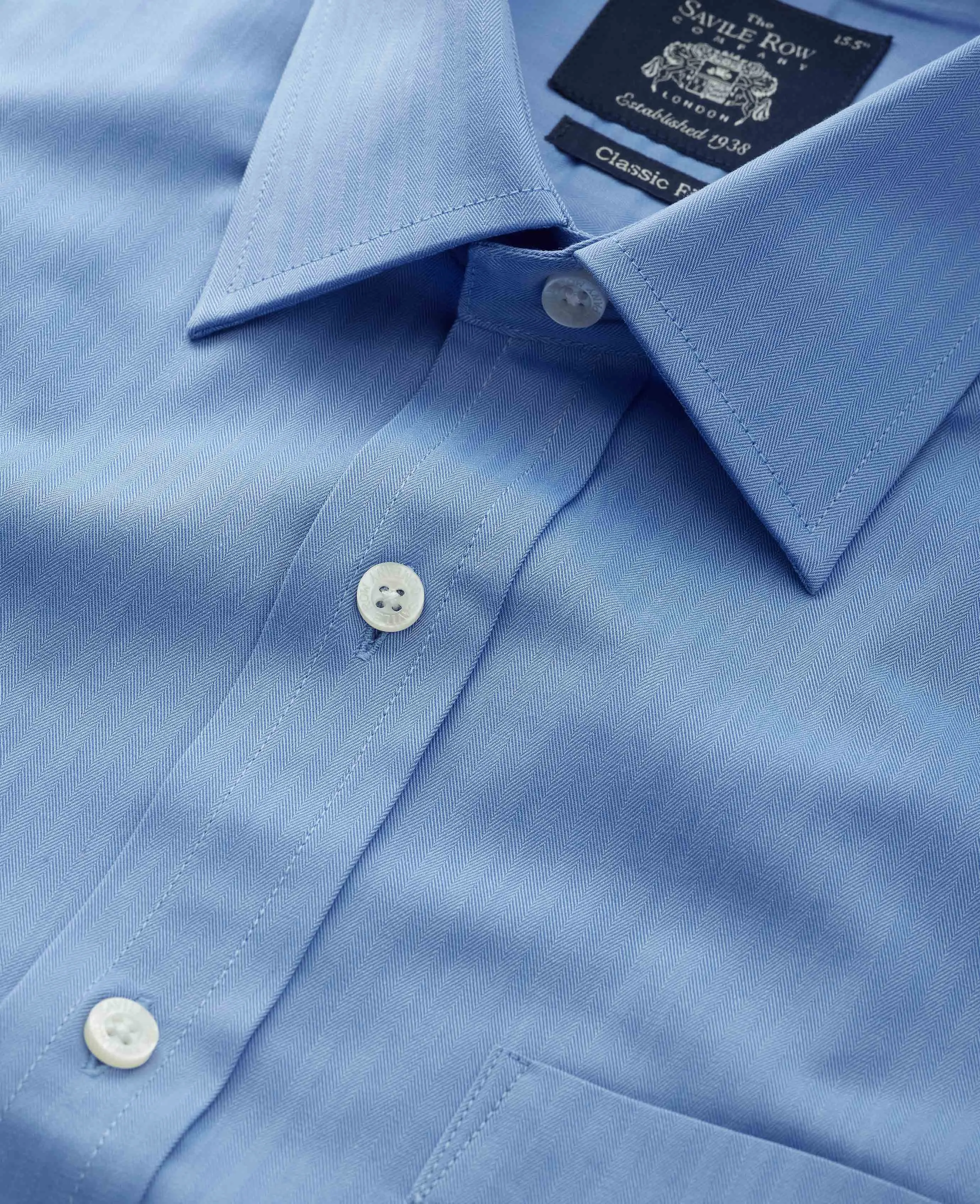 Mid Blue Herringbone Classic Fit Formal Shirt - Double Cuff