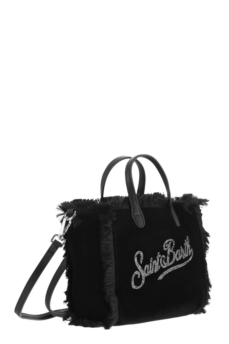 MINI VANITY BAG WITH BANGS AND RHINESTONE LOGO