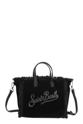 MINI VANITY BAG WITH BANGS AND RHINESTONE LOGO