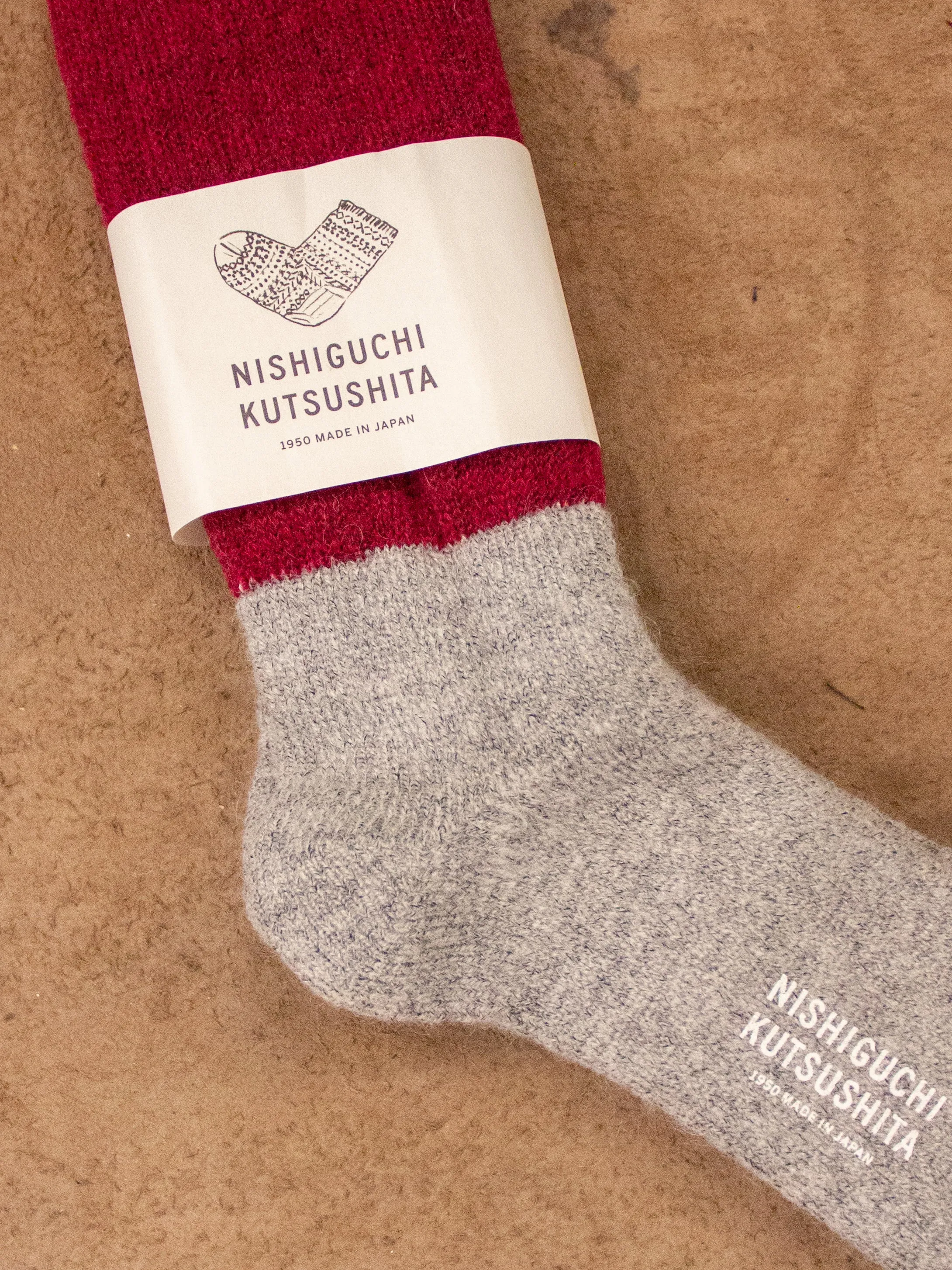 Nishiguchi Kutsushita, Mohair Wool Pile Sock, Bordeaux/ Grey