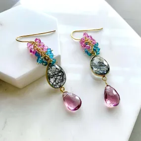 Pink Rhodolite Garnet and Rutilated Quartz Bezel Cluster Earrings