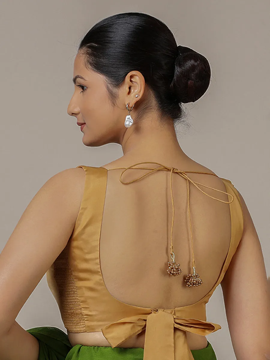 Raisa x Rozaana | Gold Sleeveless FlexiFit™ Saree Blouse with Simple V Neckline and Back Cut-out with Tie-Up