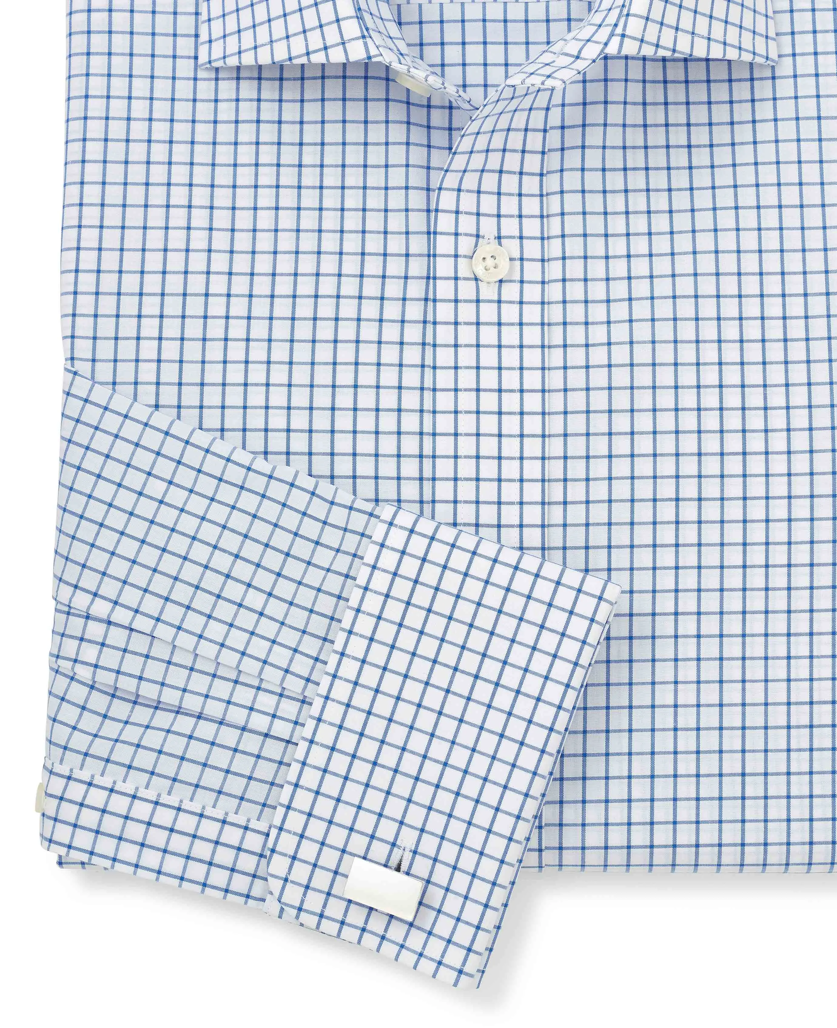 White Blue Windowpane Check Slim Fit Formal Shirt - Double Cuff