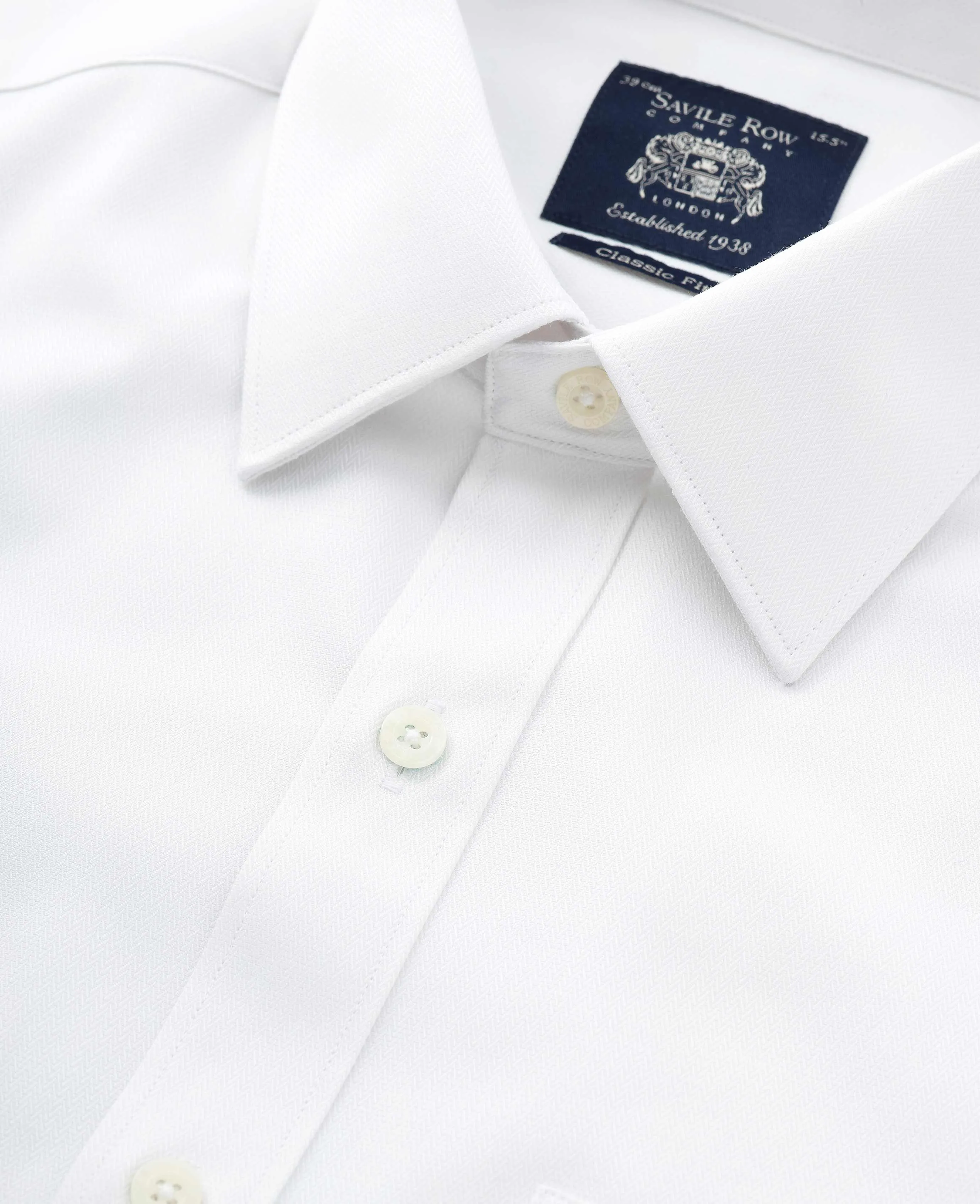 White Cotton Herringbone Classic Fit Formal Shirt - Double Cuff