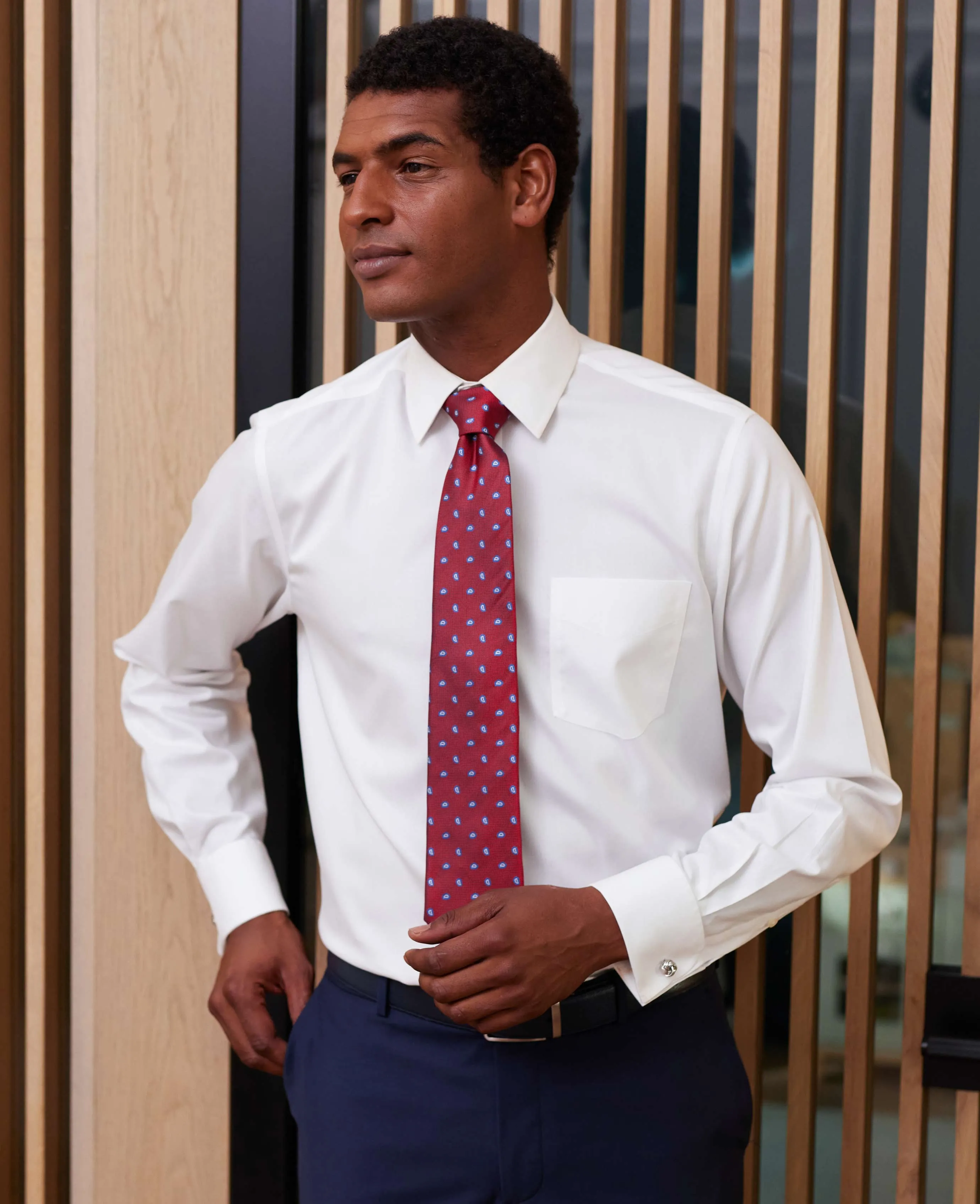 White Cotton Herringbone Classic Fit Formal Shirt - Double Cuff