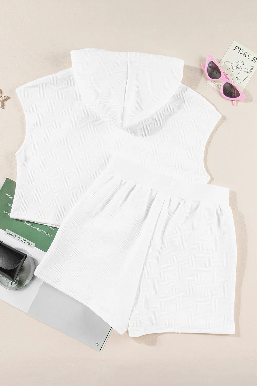 White Textured Cropped Hoodie and Shorts Set